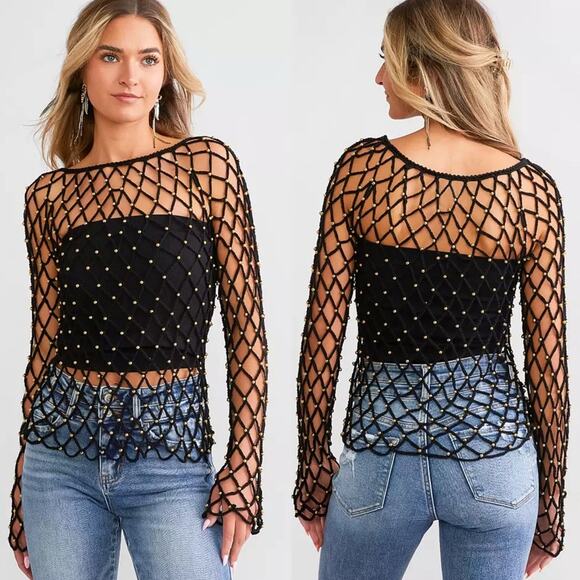 Veveret Sweaters - NWT VEVERET Beaded Open Stitch Sweater‎ Whimsigoth Festival Dark Romantic Size S